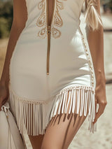 【24-hour shipping out】Retro Casual Western Zipper V-Neck Gold Embroidery Tassel White Denim Mini Dress