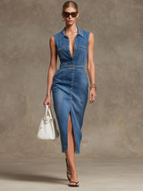 Retro Blue Denim Cardigan Style Long-sleeved Midi Dress