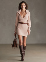 Fashionable Retro Long-sleeved Pink Knitted Mini Dress
