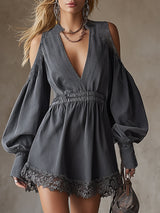 Stylish Gray Denim V-neck Off-the-shoulder Wide-sleeved Mini Dress