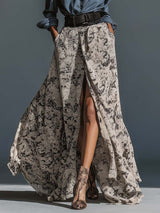 Retro Fashion Lapel Front Button Denim Patchwork Chiffon Printed Hem Slit Maxi Dress