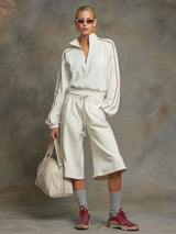 Sporty Retro Half-Zip Loose Long-Sleeve White Sweatshirt And Shorts Set