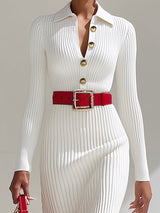 【24-hour shipping out】White Wool Lapel Button Design Maxi Dress