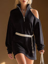Sporty Retro One-shoulder Half-zip Black Long-sleeved Mini Dress