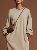 Sporty Retro Apricot Cotton Long-Sleeved Slit Midi Dress