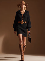 Casual And Elegant Hooded Button-up Black Knitted Mini Dress