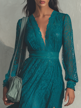 Retro Sexy V-neck Side Slit Lace Midi Dress