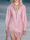 Fashionable Pink Faux Leather Zipper And Tassel Mini Dress
