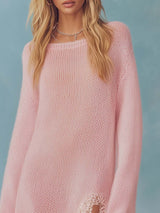 Retro Comfortable Lazy Round Neck Slit Detail Lace Trim Light Pink Lightweight Knitted Maxi Dress