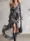 Vintage Western-style Ruffled Grey Plaid Chiffon Maxi Dress