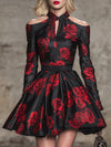 Elegant BlackWith Red Rose Pattern And Cutout Neckline Mini Dress