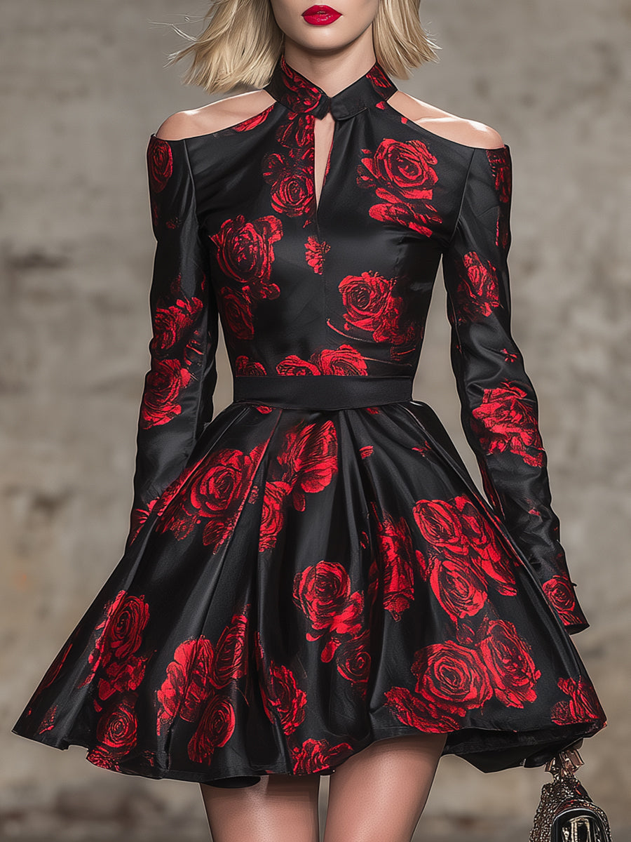 Elegant BlackWith Red Rose Pattern And Cutout Neckline Mini Dress