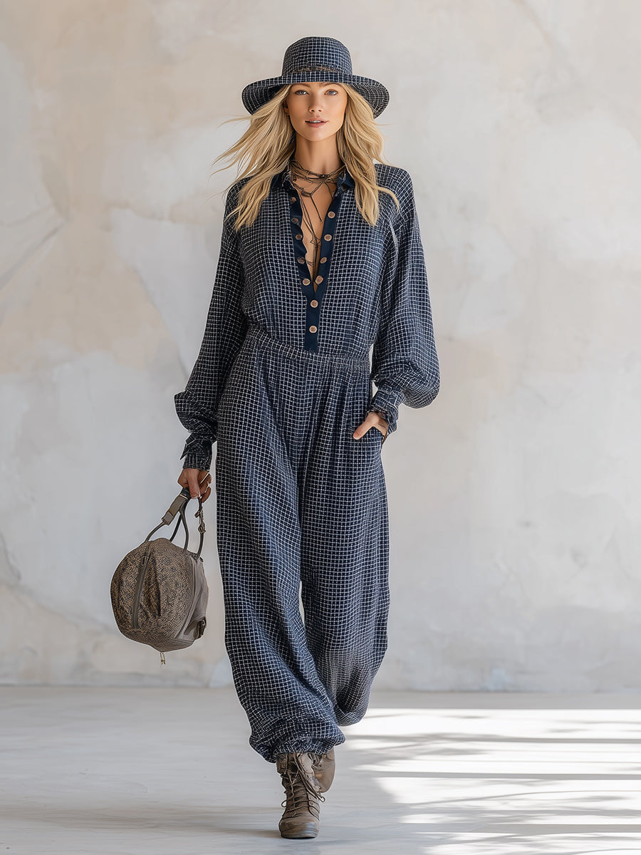Casual And Stylish Navy Blue Checkered Long-sleeved Wide-leg Jumpsuit