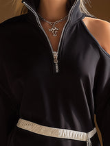 Sporty Retro One-shoulder Half-zip Black Long-sleeved Mini Dress