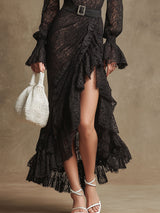 Elegant Retro Long-sleeved V-neck Slit Ruffled Black Lace Maxi Dress