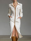 Fashionable Retro Long-sleeved White Denim Double-zip Midi Dress