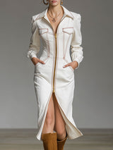Fashionable Retro Long-sleeved White Denim Double-zip Midi Dress
