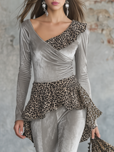 Elegant Retro Leopard Print Ruffled Velvet Tracksuit Two-piece Set