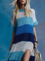 Retro Fashion Loose Round-neck Short-sleeved Blue And White Striped Contrast Knit Slits Maxi Dress