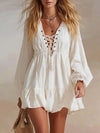 Western Vintage Tie-up V-neck Bubble Hem White Denim Mini Dress