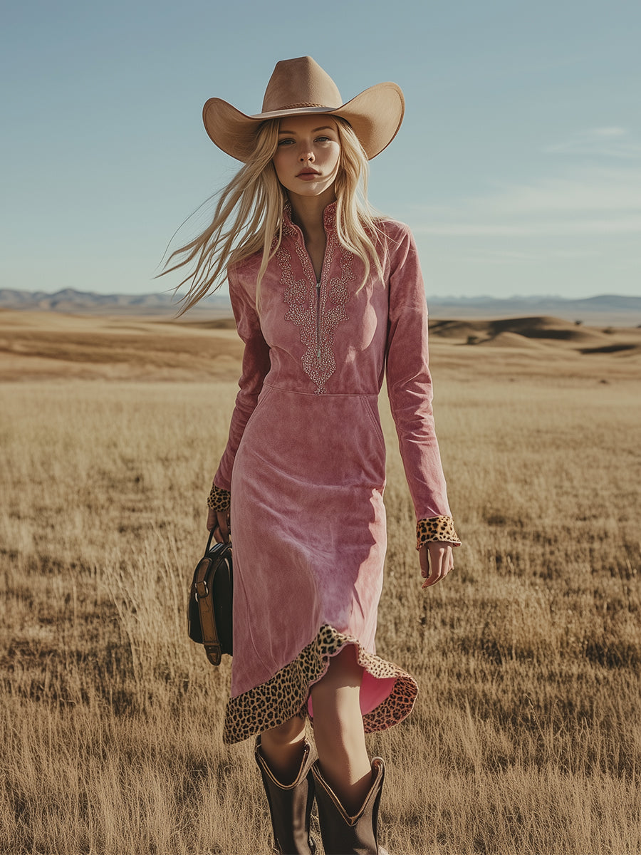 Vintage Western-style Pink Embroidered Faux Suede Midi Dress