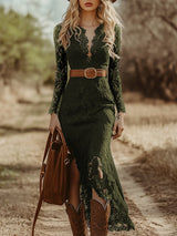 Vintage Bohemian Blue Lace Long Sleeve Midi Dress