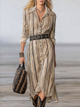Vintage Western-style Rhinestone-embellished Beige Striped Cotton And Linen Midi Dress