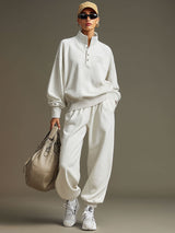 Sporty Retro Light Gray Pure Cotton Embroidered Long-Sleeve Sweatshirt And Sweatpants Set