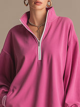 Sporty Retro Pink Cotton Half-Zip Ruffle Sweatshirt Mini Dress