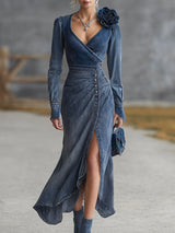 Elegant Retro Three-dimensional Floral Button Blue Denim Maxi Dress