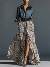 Retro Fashion Lapel Front Button Denim Patchwork Chiffon Printed Hem Slit Maxi Dress