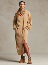 Casual Sporty Retro Camel Hooded Sweatshirt With Slit Midi Dress
