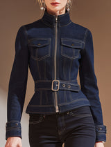 Stylish Retro Zip-up Blue Denim Jacket