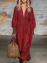 Western-style Red Linen Zip-up Hooded With Partial Leopard Print Maxi Dress