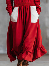 Loose-fitting Sporty Style Double-pocket Zip-up Long-sleeved Midi Dress