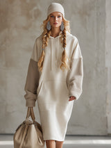 Fashionable Loose Hooded Polar Fleece Sleeve Beige Sweatshirt Midi Dress
