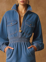 Retro Half-zip Elastic Waist Blue Denim Long-sleeved Mini Dress