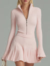 Casual And Stylish Light Pink Knitted Mini Dress With Stand-up Collar