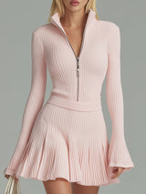 Casual And Stylish Light Pink Knitted Mini Dress With Stand-up Collar