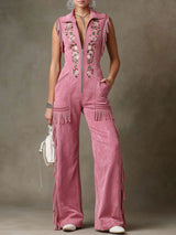Western-style Retro Floral Embroidered Pink Faux Suede Sleeveless Tassel Jumpsuit