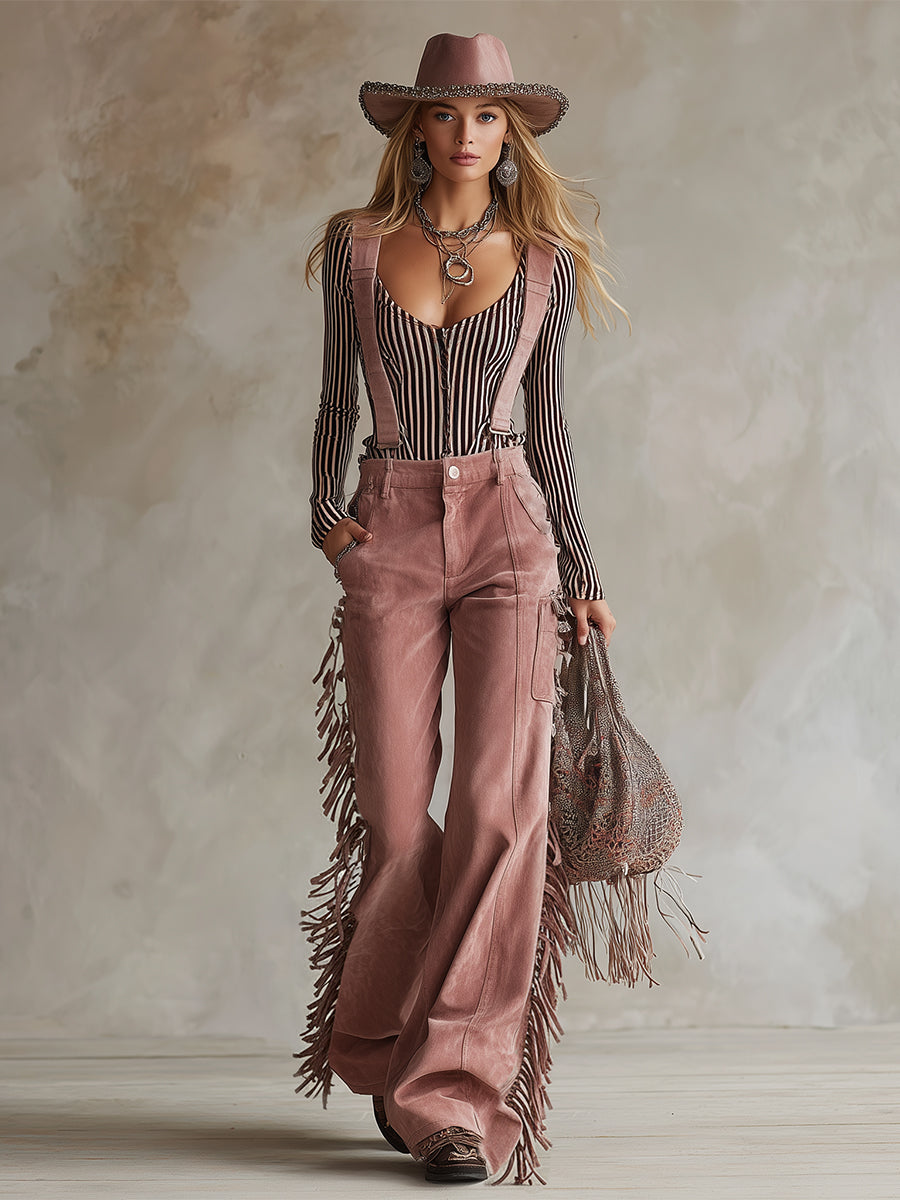 Retro Western Style Detachable Straps Light Pink Faux Suede Overalls