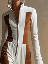 Elegant Urban Style White And Brown Faux Suede Wide-leg Jumpsuit