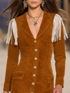 Vintage Western Style V-neck Fringed Faux Suede Dress