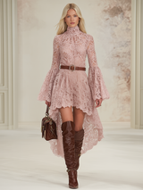 Stylish And Elegant High-neck Long-sleeved Lace Midi Dress