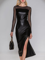 Stylish And Sexy Sheer-sleeved Black Faux Leather Midi Dress