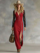 V-neck Zip-up Side-slit Lace-paneled Long-sleeved Maxi Dress