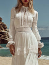 Elegant Retro Bohemian Style Round Neck Lace Trim White Cotton Maxi Dr