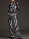 Sporty Retro Striped Mesh Sleeve Gray Leopard Print Velvet Sweatshirt And Pants Set