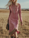 Vintage Western-style Pink Embroidered Faux Suede Midi Dress