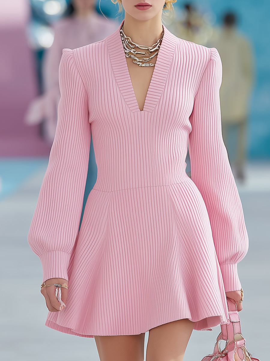 Stylish Pink Ribbed Knit V-neck Mini Dress